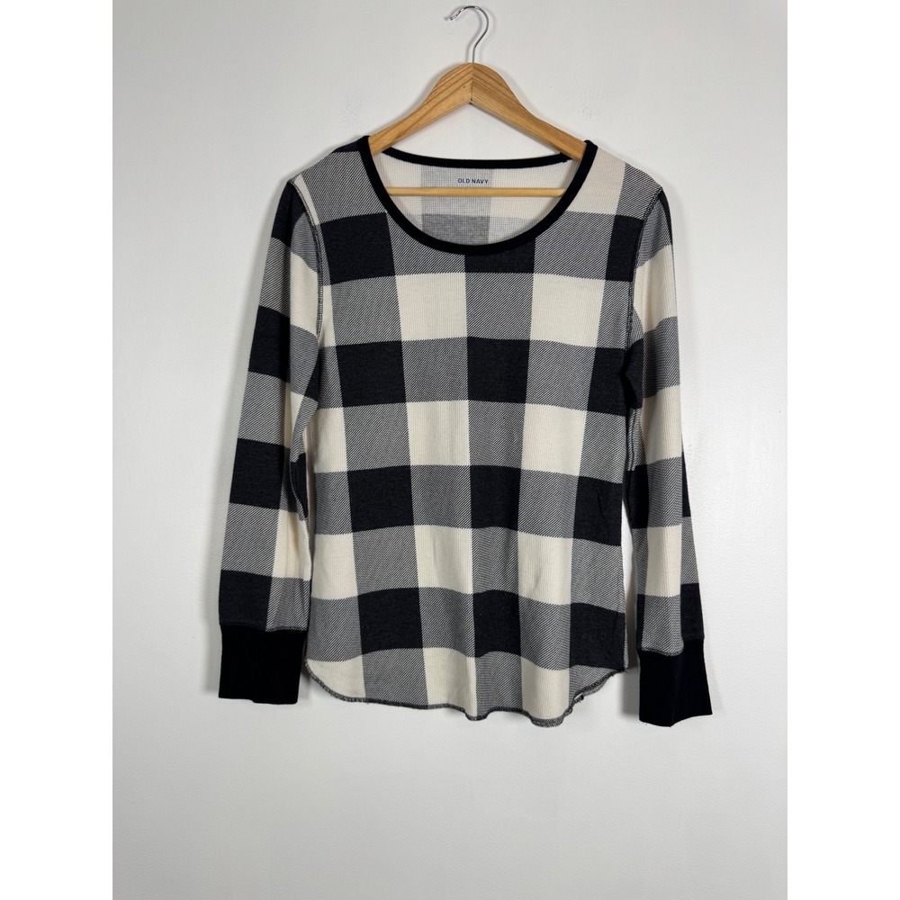 Cabincore Old Navy Womens L Thermal Top Black White Buffalo Plaid Waffle Knit